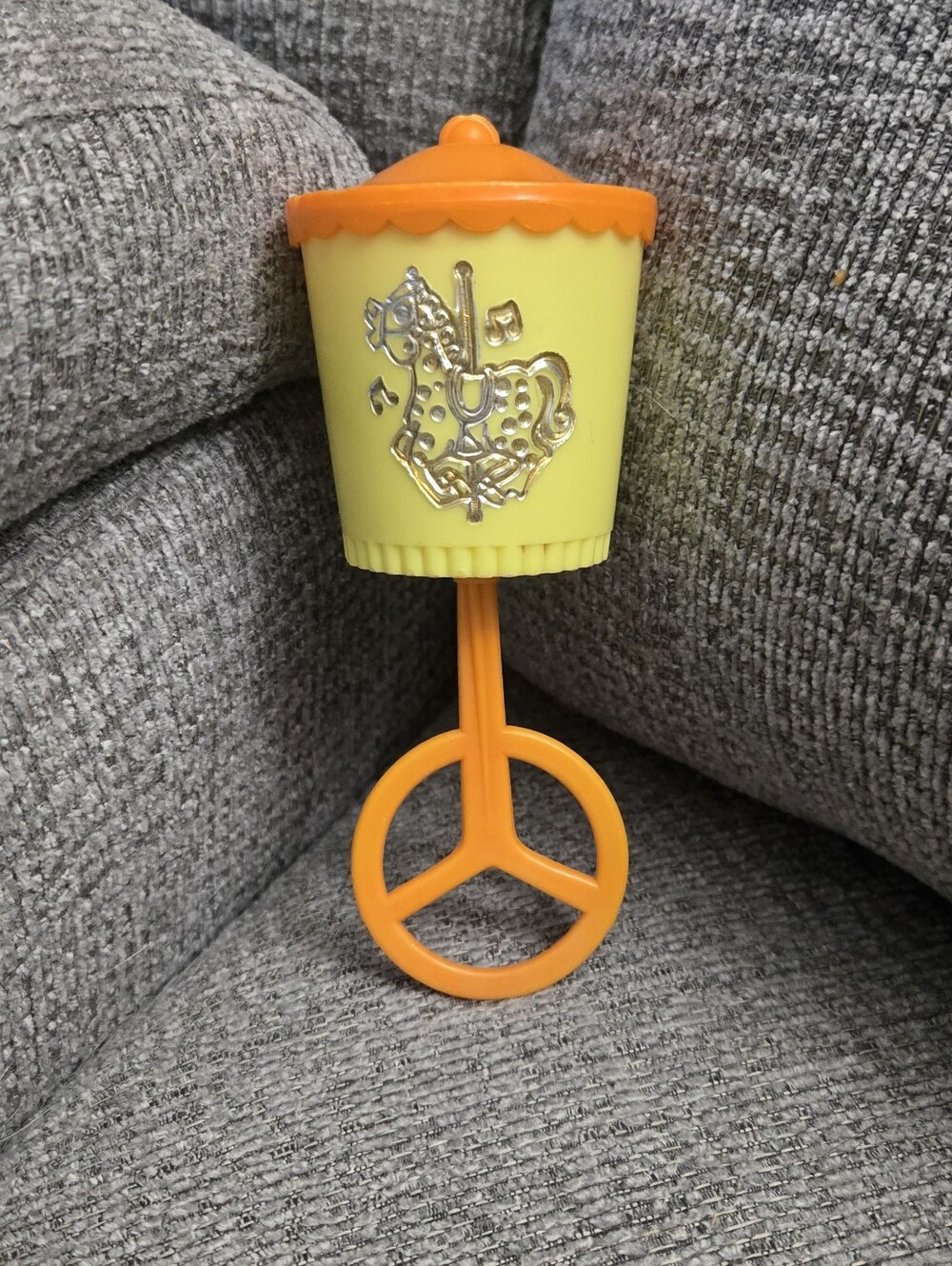 Vtg Baby Chime Rattle w/ Gold Embossed Merry Go Round Horse Plastic